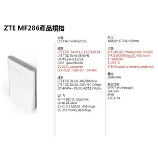 送天線＋電池 ZTE MF286 4G LTE SIM卡Wifi  分享器無線網卡路由器 可通話TCL LT300