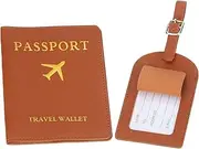 [uxcell] Passport Holder with Luggage Tag, Set of Leather Travel Passport Cover Wallet with Suitcase Tag Travel Accessories for Men Women Airplane, Brown