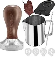Ezebesta 51mm Coffee Tamper Set Barista Kit for Portafilter Machine Wood Espresso Tamper with Tamper Mat, Frothing Pitcher (350 ml), Barista Towel, Latte Art Pen and Decorative Stencils