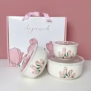 Cnwinu Ceramics Salad Bowl with Lid Sets,Soup Bowl,Kitchen Bowls Set,Fresh Food Storage Bowls,Noodle Bowl,Lunch Box,Mixing Bowls,Suitable for Snack,Soup, Rice,Fruit,Vegetables(Pink Tulips)
