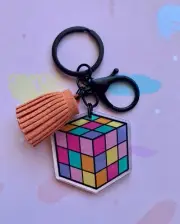 Rubik's Cube & Orange Tassel Keyring Bag Charm Lanyard Clip, Black, Handmade