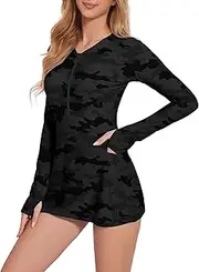 [Cagola] Long Sleeve Swimsuits for Women Rash Guard Swim Dress Modest Bathing Suit Swim Romper with Built in Bra and Pockets