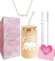 Mama Bear Mum Gift Set – Mother's Day Glass Cup with Lid & Gold Mama Necklace – Heartfelt Present for New Mums, Stepmums, Grandmas & Mummy Friends