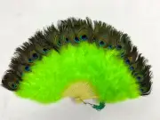 Lime Green MARABOU Feather Fan with Peacock 30" x 15" Burlesque/Costume