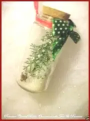 PRIMITIVE Xmas Ornament Glass Jar Bottle & Cork Glitter Mica Snow Tree Pinecone