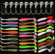 30 Soft Fishing Lures Silicone Lure Set Bait Worm with 10 Jig Head Hook Kit New