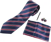 [Zasel] Mens Striped Neck Tie, Pocket Square, Cuff Links & Tie Clip Set Navy, Red, White