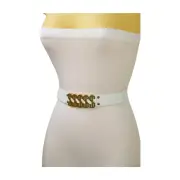 Women White Narrow Elastic Belt Gold Metal Dollar Sign Charms $$$ Adjustable S M