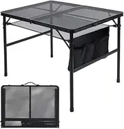 GUDAJIN Outdoor Folding BBQ Table, Portable Camping Picnic Table, Outdoor Cooking Table, Foldable Adjustable Table with Mesh Tabletop and Mesh Bag for Camping Picnic Cooking BBQ (Black)
