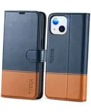 Case for iPhone 13 Wallet Case, [RFID Blocking] [Card Slot] Stand Blue & Brown