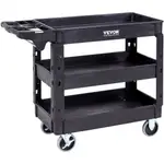 VEVOR Utility Service Cart, 3 Shelf 550LBS Heavy Duty Plastic Rolling Utility Cart with 360 Swivel Wheels (2 with Brakes), Medium Lipped Shelf, Ergon
