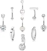 Morfetto 9Pcs Surgical Steel Belly Button Bars - Silver Gold Belly Rings Hypoallergenic Navel Bars CZ Opal Pearl Belly Button Ring Clicker Belly Piercings for Women Belly Piercing Jewllery 10mm/12mm