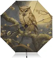 [PDZRMY] Owl Branch Moon UV Protection Travel Umbrella Compact for Rain and Sun - Auto Open and Close UPF 50+ Windproof Portable 46” Sun Umbrella for Women and Men