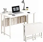 Uptyia Mobile Computer Desk, Home Office Desk with Wheels for Computer Workstation, Foldable Small Study Writing Desk Gaming Table (with shelve, 80 x 58 x 75 CM)