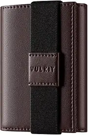 [VULKIT] Minimalist Leather RFID Blocking Trifold Wallet with Elastic Band Slim Credit Card Holder with 5 ID Windows & Zipper Pocket for Men (Brown)