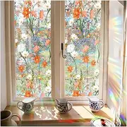 Singring Flower Privacy Window Film, Stained Glass Decals Floral Privacy Rainbow Window Films, Non-Adhesive UV Proof Static Clings Window Film Decals for Glass Window Decoration (White Flower)