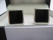 Geoffrey Beene Rippled-Edge Silver-Tone and Onyx Cufflinks, New in Box