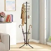 Wisdom Star Freestanding Coat Racket with Umbrella Holder, 8 Hooks Coat Tree for Entryway, Hangs Clothes, Hats, Bags, Umbrella - Black