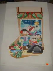 Hand Painted Needlepoint Canvas 24" Christmas Stocking Carolers Window