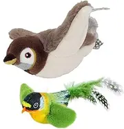 2PCS Flapping Bird Cat Toy, Electric Flying Bird Cat Toys for Indoor Cats, Interactive Simulated Chirping Bird Cat Toy Flapping Wings, Flapping Chirping Sparrow Cat Toy(Green Small, Brown Big)