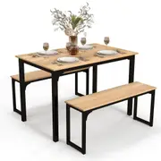 Giantex 3PCS Wood Dining Table & Chairs Set Dining Furniture Set Steel Frame w/2 Benches Natural