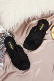 Black Plus Borg Fluffy Teddy Crossover Slider Slippers