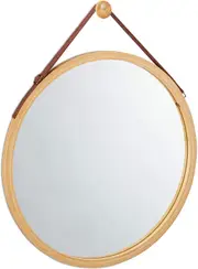 TOOLKISS Hanging Round Wall Mirror 38 cm – Solid Bamboo Frame & Adjustable Leather Strap for Bathroom, Bedroom, Living Room – Decorative Vanity, Makeup, or Shelf Mirror