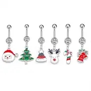 [Niaspi] 6Pcs Stainless Steel Christmas Elements Dangle Belly Button Rings for Women 14G Santa Claus Christmas Tree Belly Navel Cuved Barbell Body Piercing Jewelry for Christmas Party, Stainless Steel,
