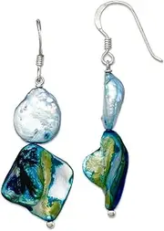 [JewelryWeb] 925 Sterling Silver Shepherd hook Blue Simulated Mother of Pearl and Freshwater Cultured Pearl Earrings 47x Stud Earring for Women