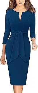 [VFSHOW] Womens Front Zipper Tie Waist Bow Slim Work Business Office Party Bodycon Pencil Sheath Dress, Peacock Blue, Small