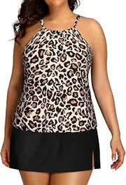 [Yonique] Women Two Piece Plus Size Tankini with Skirt Tummy Control Bathing Suits High Neck Swimsuits