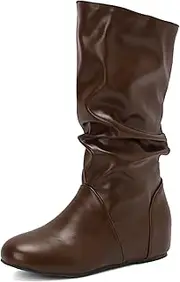 [Pixoecuty] Women Slouch Mid Calf Flat Boots Wide Calf Side Zipper Wedge Low Heel Comfort Casual Boots Pull On