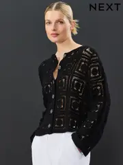Black Smart Square Crochet Button Up Jacket (AH7074) | $86