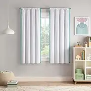 Eclipse Blackout Curtains, Kids Curtains with Tassel Border, 63 in x 40 in, Thermaback 100% Blackout Curtains with Rod Pocket Header, Curtains for Kids Room or Playroom, 1 Window Curtain, White/Teal