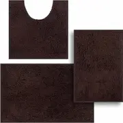 Set of 3 Ultra Soft Non Slip Chenille Absorbent Shaggy Bath Mat Rugs for Bathroom Tub Shower Toilet Brown