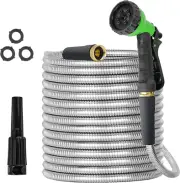 100Ft Metal Garden Hose - Flexible, Kink-Free, Rust-Proof with Brass Fittings