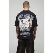 Mens Black Oversized Extended Neck Washed Renaissance Cherub T-Shirt