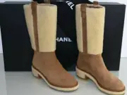 NEW CHANEL Fur Suede Beige Brown CAMEL High Flat Shearling Boots Shoe CC Logo 39