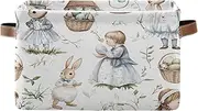 Vintage Rabbits Eggs Flowers White Fabric Box, Collapsible Decorative Storage Bins with Handles for Home/office