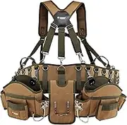 JACKSON PALMER Professional Comfort-Rig Tool Belt with Adjustable Suspenders (Detachable Pockets & 2 Power Tool Hooks) - Tan & Green