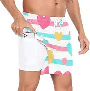 [GuoChe] Swimming Shorts for Men Men's Double Layer Running Shorts Valentine's Day Colorful Hearts and Stripes with Phone, Valentine's Day Colorful Hearts and Stripes, Large