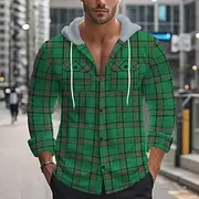 Men's Shirt Summer Shirt Casual Shirt Beach Shirt Button Up Shirt Yellow Red Green Light Grey Gray Long Sleeve Plaid Hooded Vacation Hawaiian Pocket Clothing A