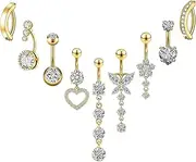 [AstraGlam] Navel Piercing Set With 9 Pieces, Surgical Steel Gold Navel Piercing With Short And Long Navel Rings, Heart, Butterfly And Flower Designs, X-Large, Plastic