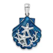 Sterling Silver De-Ani Rhodium-Plated Enameled Blue Shell With Starfish Pendant