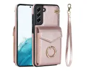 for Samsung Galaxy S21 Fe Leather Wallet Case with Ring Kickstand-Rose Gold