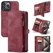 SupRShield For Apple iPhone 15 Pro Zipper & Detachable Retro Leather Pouch Wallet Flip Purse Bag Detachable Phone Case Cover (Red)