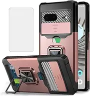 [NKECXKJ] Design for Google Pixel 8 Phone Case with Screen Protector Card Holder Stand Kickstand Heavy Duty Shockproof Hybrid Rugged Drop Protective Cover for pixel8 google8 Women Men Girls Rose Gold