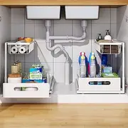DEVA 2 Pack Under Sink Organizer and Storage, 2 Tier Slide Out Cabinet Storage Shelves & Metal Kitchen Oragnizer, Multi-Useage Shelves for Kitchen Bathroom Pantry(White)
