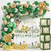 Safari Jungle Baby Shower Decorations for Boy Girl Wild One First Birthday Party Supplies Safari Balloons Garland Arch Kit Baby Boxes with Letters Wild One Backdrop Animal Tablecloth (Green)