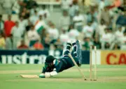 Kiran More of India is run out during the World Cup match bet- Old Cricket Photo